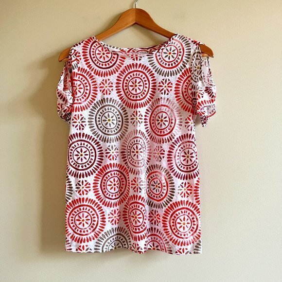 LOFT 100% Linen Open Split Sleeve Lightweight‎ Orange Pattern Knit Top Size XS - Picture 1 of 5